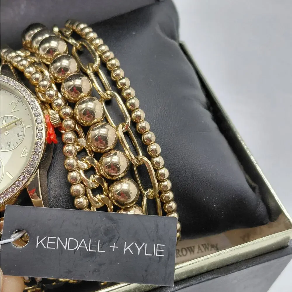 Kendall + Kylie Womens Gold Tone Watch Bracelet Set Crystal Bezel Gift Jewelry